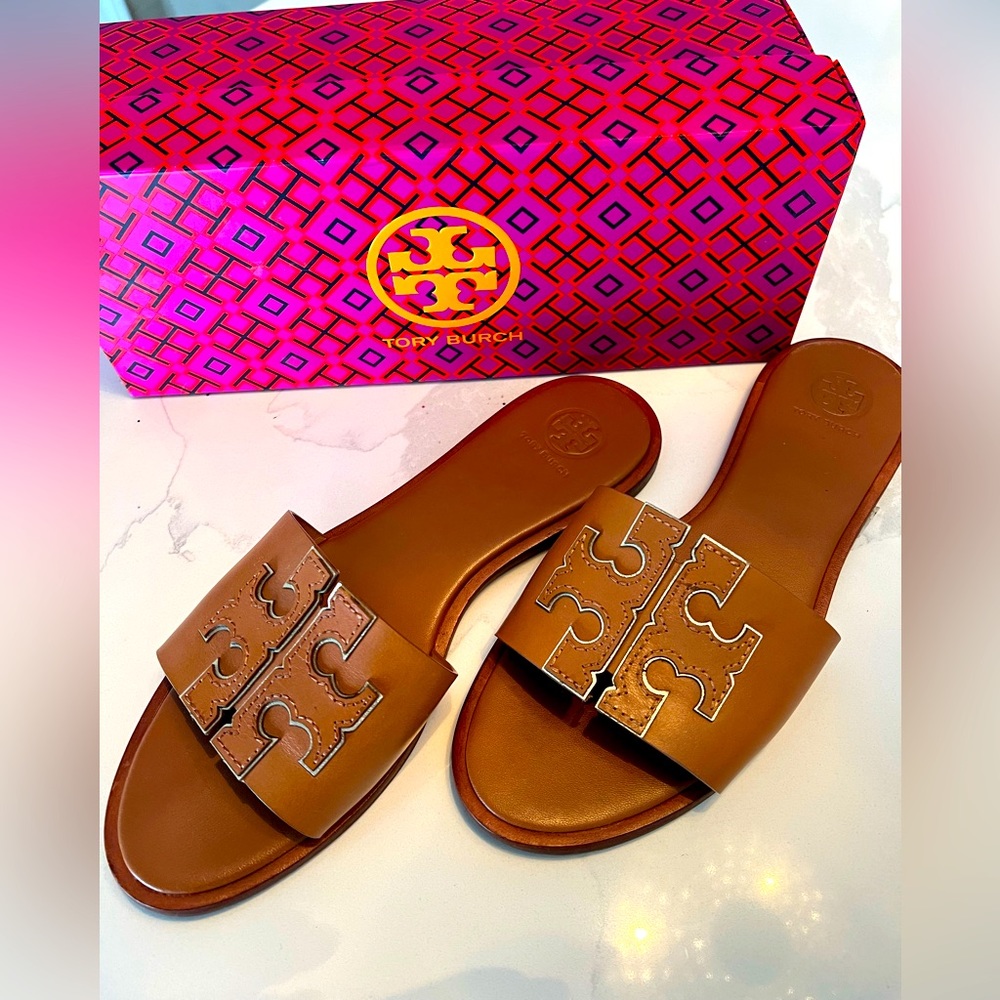 Tory Burch Leather Slides, tan with gold outlined double t design